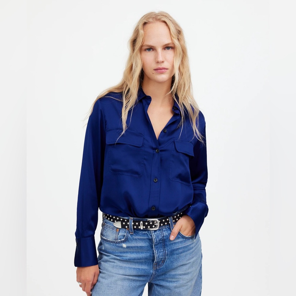 Madewell Silk Flap-Pocket Button-Up Shirt in Deep Cobalt